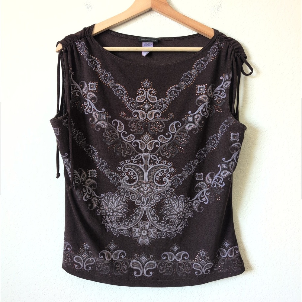 Vintage Y2K Brown Glitter Paisley Boho Top 1X Whimsygoth Etheral Fairy Earthy